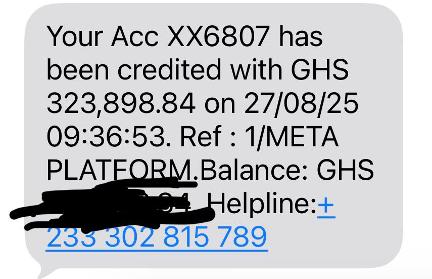 Bank notification showing GHS 323,898.84 payment from Meta