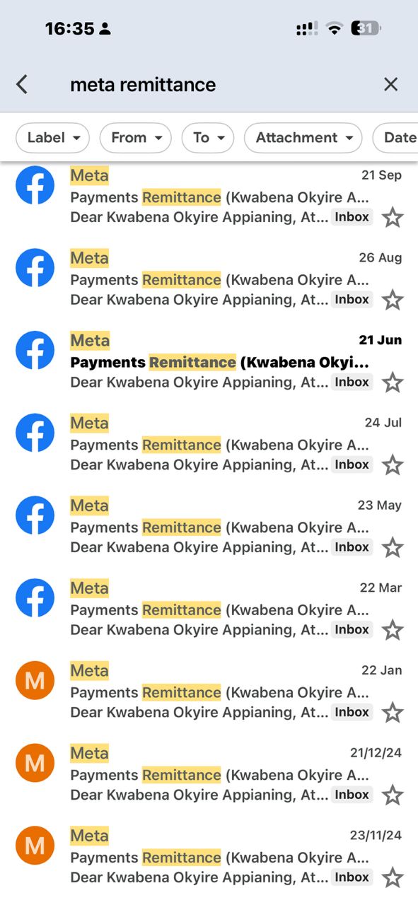 Email inbox showing multiple Meta payment remittance notifications