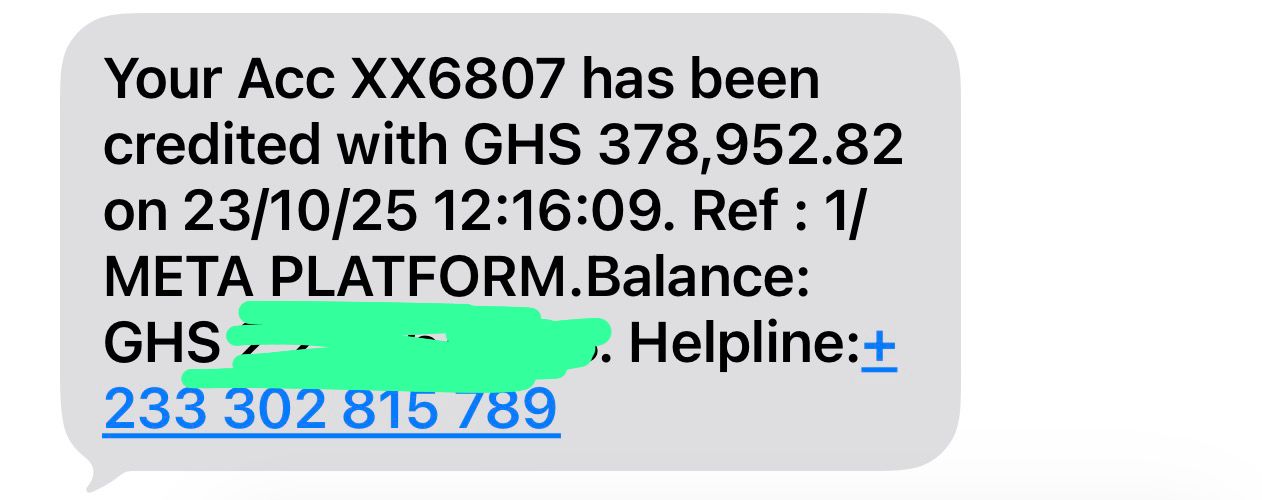 Bank notification showing GHS 378,952.82 payment from Meta